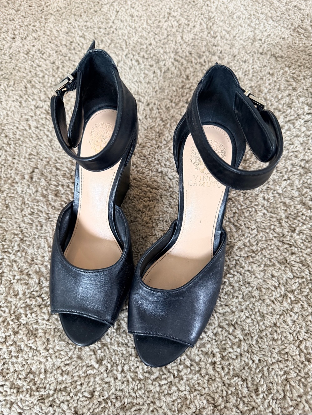 Vince Camuto Black Leather Peep-Toe Ankle-Strap Heels